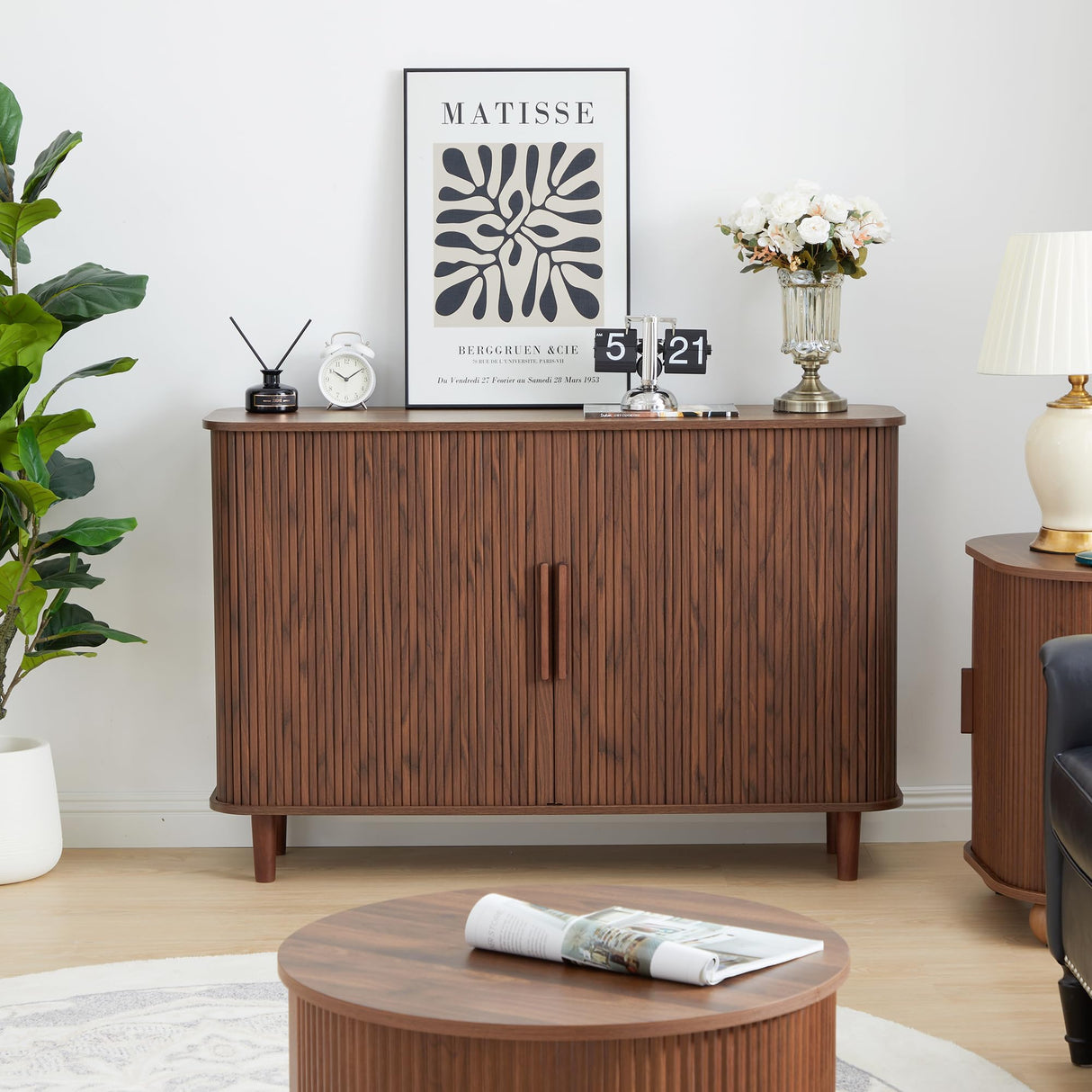 NVETHM Sideboard Buffet Cabinet, Storage Cabinet with Sliding Doors and Handles, Modern Wooden Sideboard Cabinet for Living Room, Dining Room, Kitchen and Entryway (Walnut) NVETHM