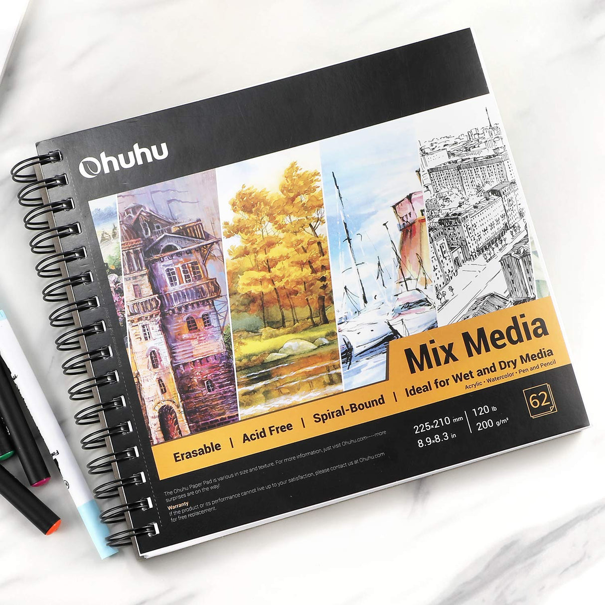 Ohuhu Mix Media Pad, 8.3"x8.3" Mixed Media Art Sketchbook, 120 lb/200 GSM Heavyweight Papers, 62 Sheets/124 Pages, Spiral Bound Mixed Media Paper Pad for Acrylic, Painting Christmas Gift Ohuhu