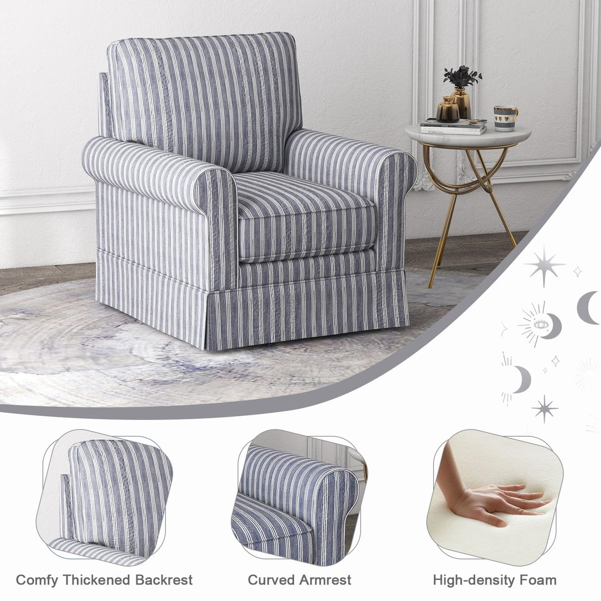 INZOY Swivel Accent Chair Set of 2, Mid Century Modern Reading Chair, Upholstered Swivel Square Chair for Living Room Bedroom Small Spaces, Fully Assembled, Blue Stripe INZOY