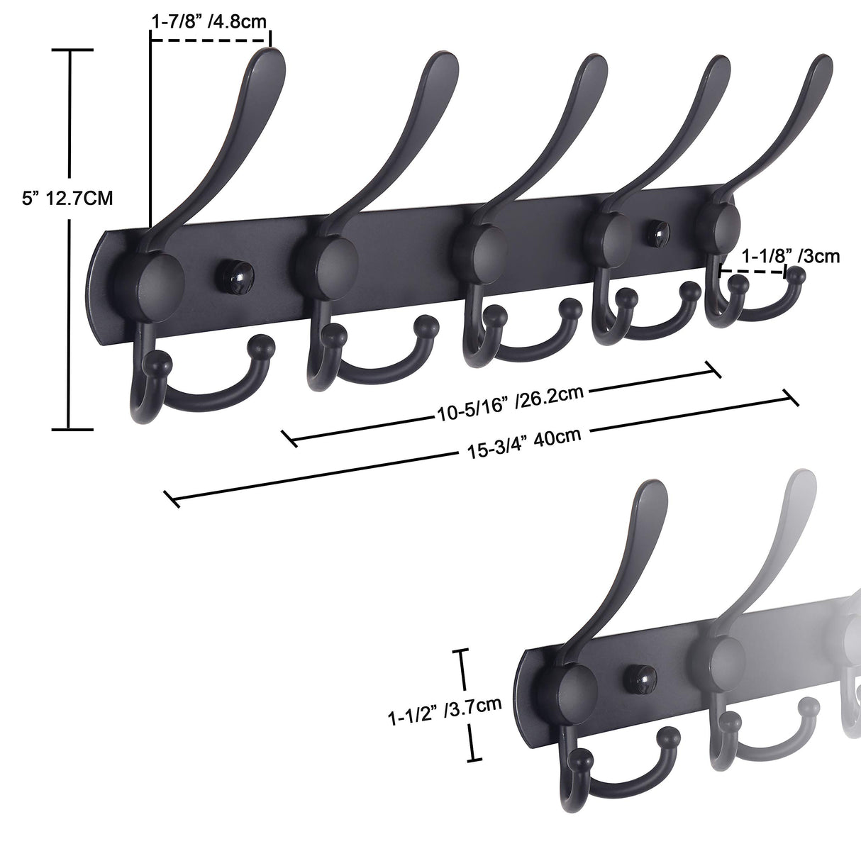 Dseap Coat Rack Wall Mounted - 5 Tri Hooks, Heavy Duty, Stainless Steel, Metal Coat Hook Rail for Coat Hat Towel Purse Robes Mudroom Bathroom Entryway (Black, 2 Packs) Dseap