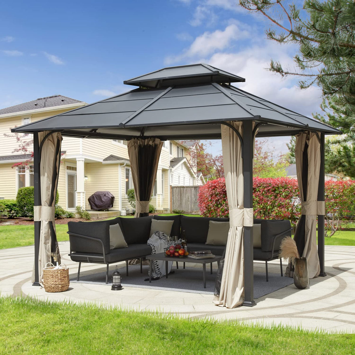 EROMMY 10' x 12' Metal Steel Gazebo, Outdoor Aluminum Hardtop Canopy with Netting and Shaded Curtains, Double Roof Pergolas, Permanent Metal Pavilion for Patio, Backyard, Deck, Lawn, Poolside EROMMY