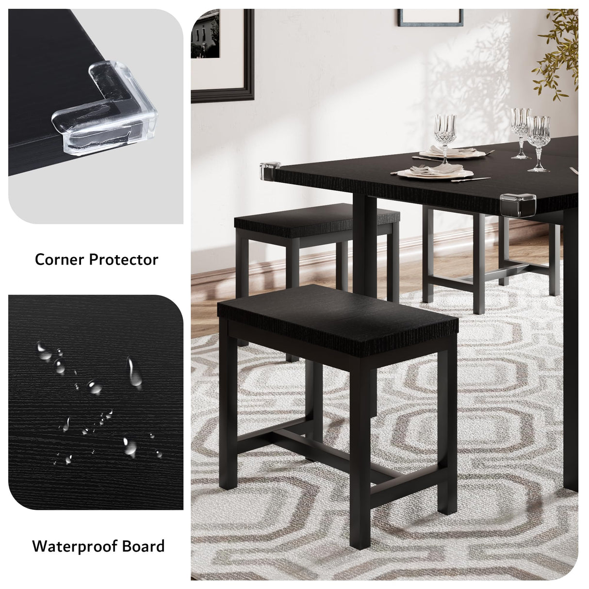 iPormis 7-Piece Dining Table Set with 6 Stools, 63" Extendable Kitchen Table Set for 4-8, Modern Dining Room Table with Sturdy Metal Frame, Space-Saving Dinette, Black iPormis