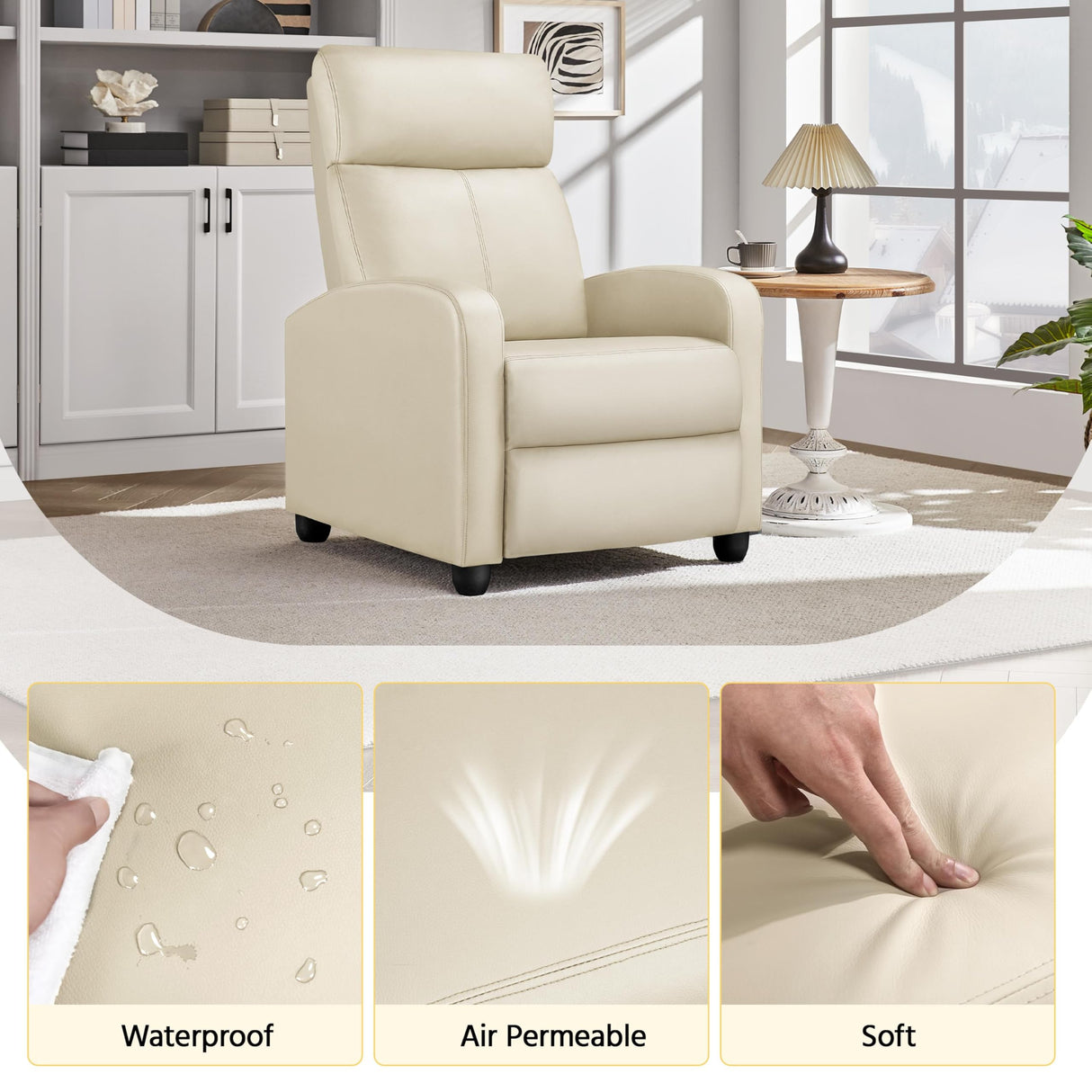 Yaheetech Recliner Chair PU Leather Recliner Sofa Home Theater Seating Adjustable Modern Single Reclining Chair Sofa with Pocket Spring Living Room Bedroom Beige Yaheetech