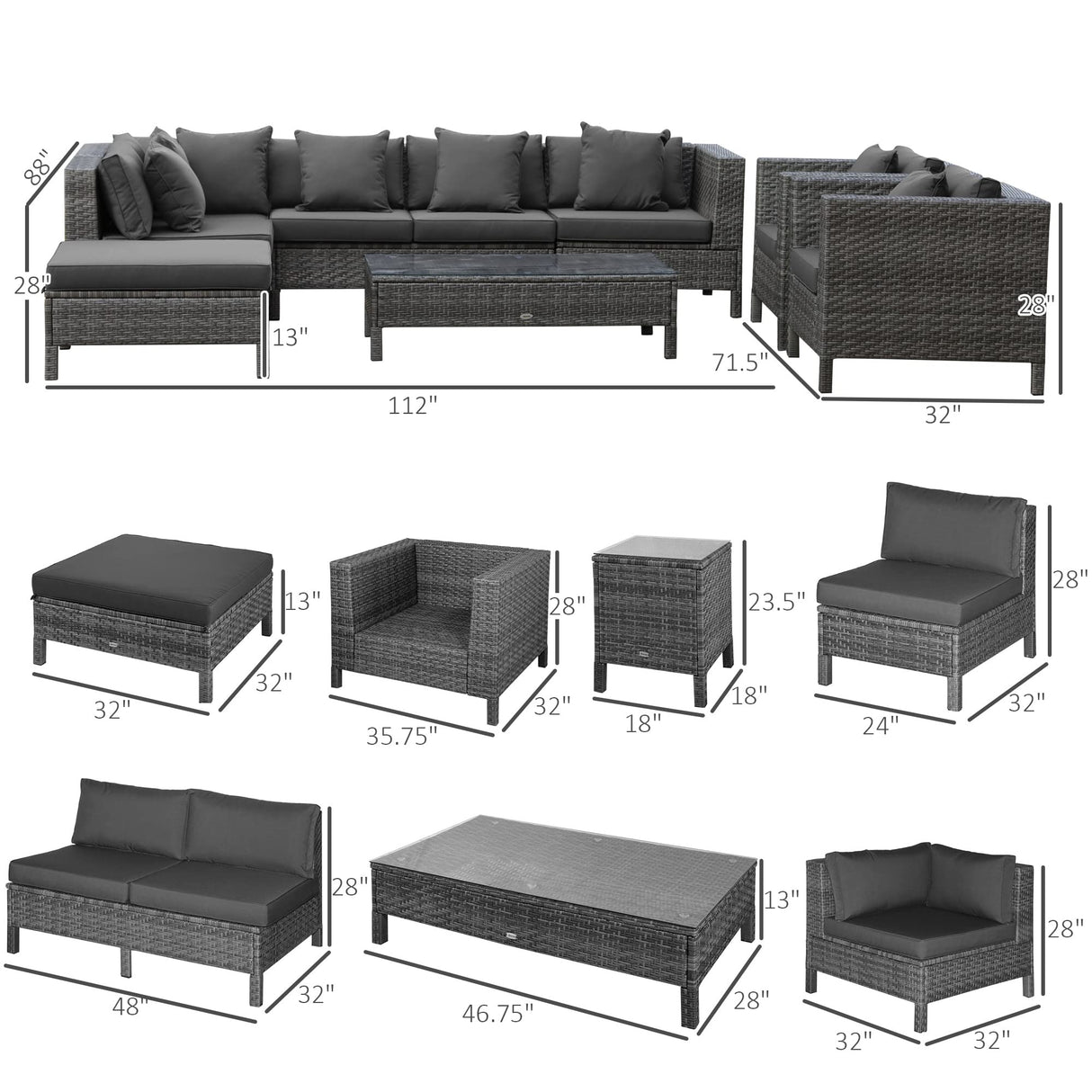 Outsunny Patio Furniture Set, 9 Piece Outdoor Sectional Sofa, All-Weather PE Rattan Wicker Conversation Set with Chairs, Ottoman, Loveseat, Coffee and Side Table, Cushions, Black Outsunny