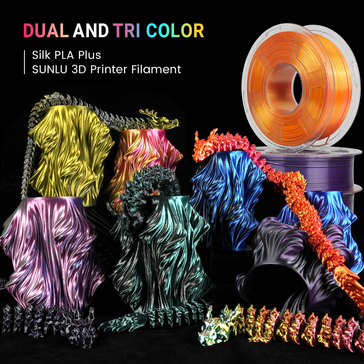 SUNLU Silk PLA Plus 3D Printer Filament, Dual Color Shiny PLA+ Filament 1.75mm, Silk Textures, 360° Spin Unveils Varied Colors, Dimensional Accuracy +/- 0.02mm, 1KG Spool(2.2lbs), Silk Red Blue SUNLU