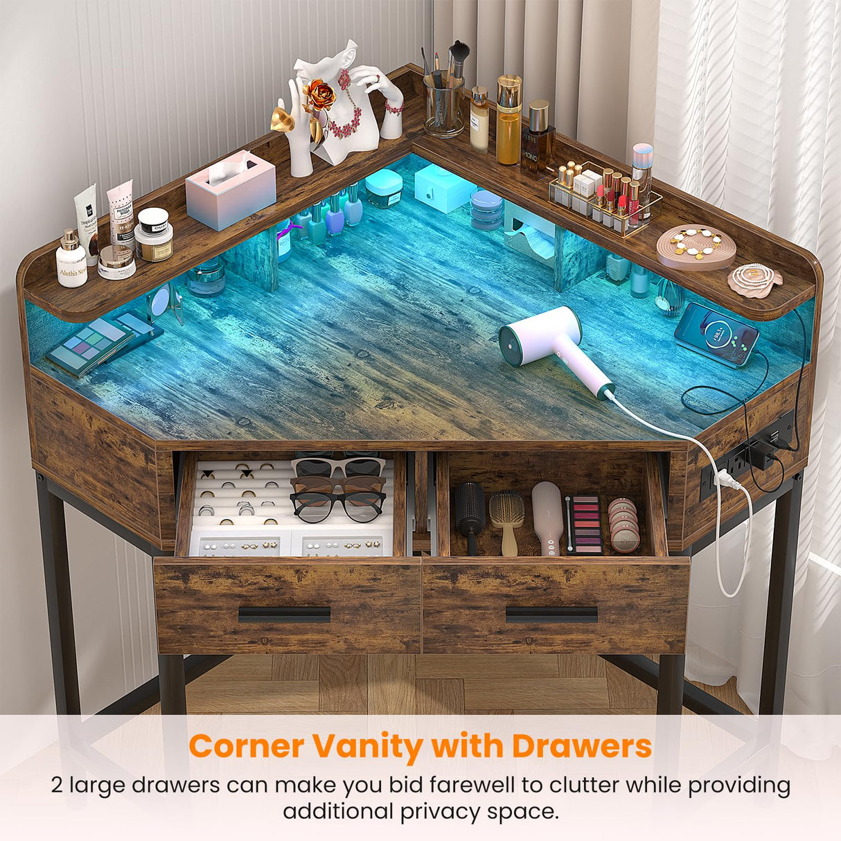 Cyclysio Corner Vanity Desk Without Mirror, Makeup Vanity Table with Lights & Power Outlets, Small Corner Vanity with Drawers for Bedroom,Small Spaces, Brown Cyclysio