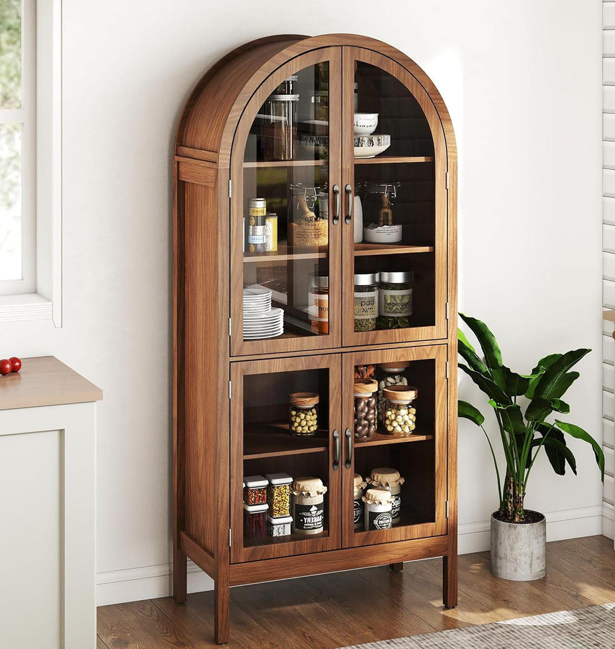 70.9'' Tall Arched Kitchen Pantry, Modern Farmhouse Wood Kitchen Pantry Storage Cabinets with Acrylic Glass Doors and Shelves, Versatile Cupboard for Dining Room, Bathroom, Living Room (Walnut) Limaoaio