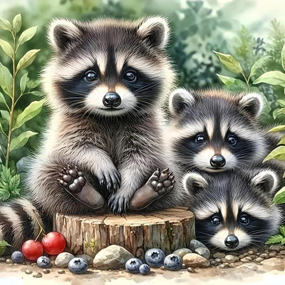 5D Animals Diamond Painting Kits for Adults, Raccoon Family Diamond Art Kits for Adults Beginner, DIY Full Drill Diamond Dot Gem Painting for Home Wall Decor 13.78x13.78inch