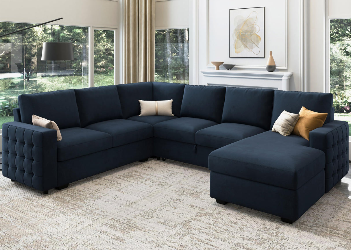 HONBAY Sectional Sleeper Sofa with Pull Out Bed U-Shape Sectional Couch Sleeper Bed with Storage Chaise Lounge Living Room 6 Seater Sectional Sofa,Velvet Dark Blue HONBAY