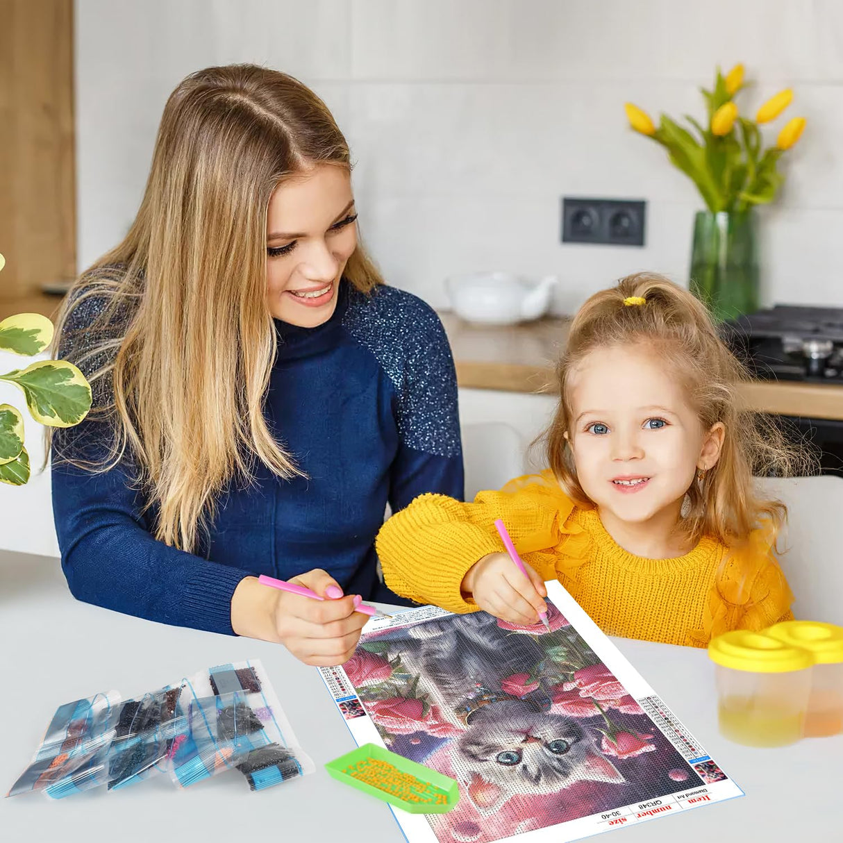 QINRUBB DIY Kitten Diamond Art Kit for Adults Beginners, Full Drill Cute Cat Diamond Painting Kits, 5D Roses Flowers Painting by Numbers DIY Craft Kits for Home Wall Decor 12x16 inch QINRUBB