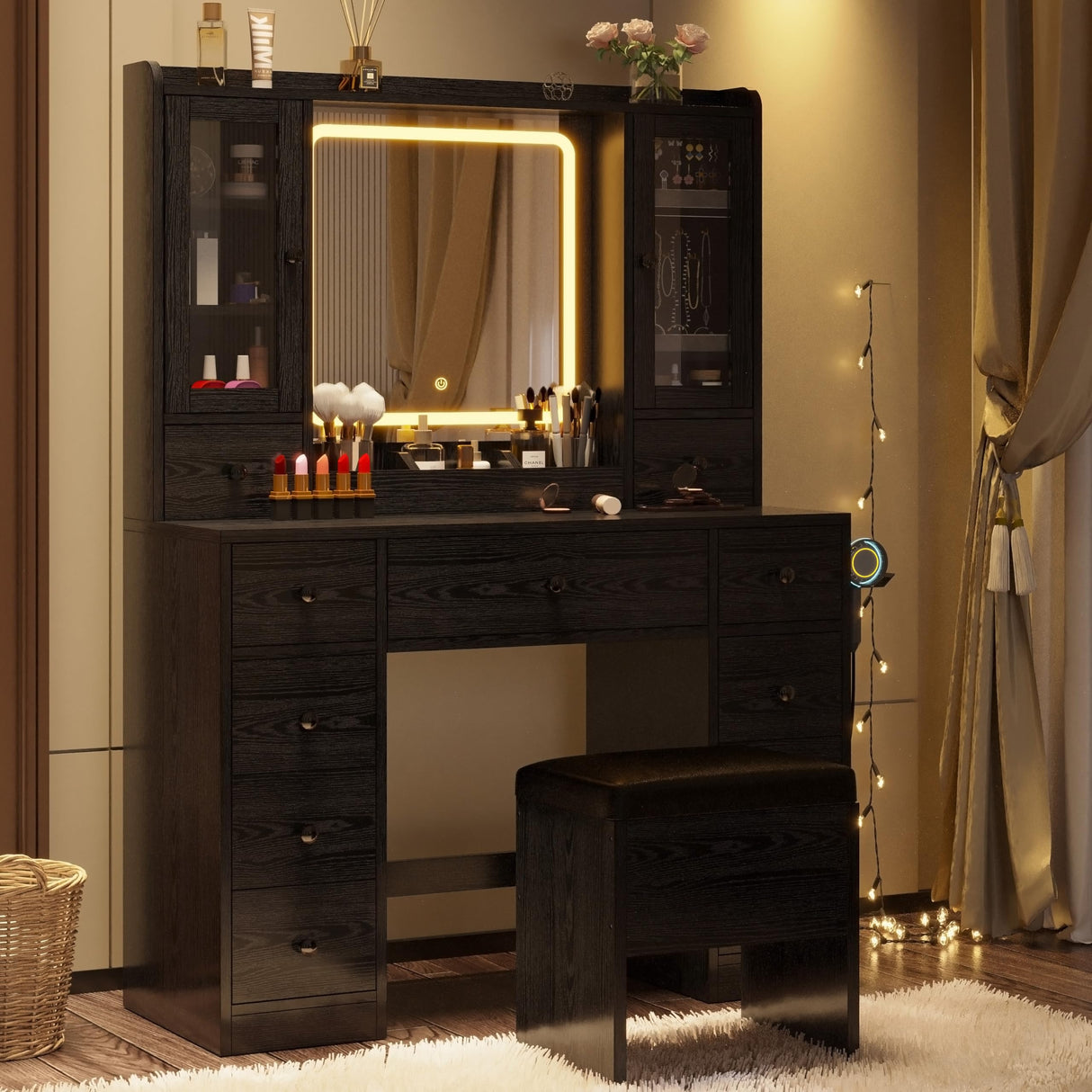 IRONCK Vanity Desk with LED Lights Mirror and Charging Station, Makeup Vanity Table with Jewelry Armoire, Storage Bench, and 11 Drawers,Black IRONCK