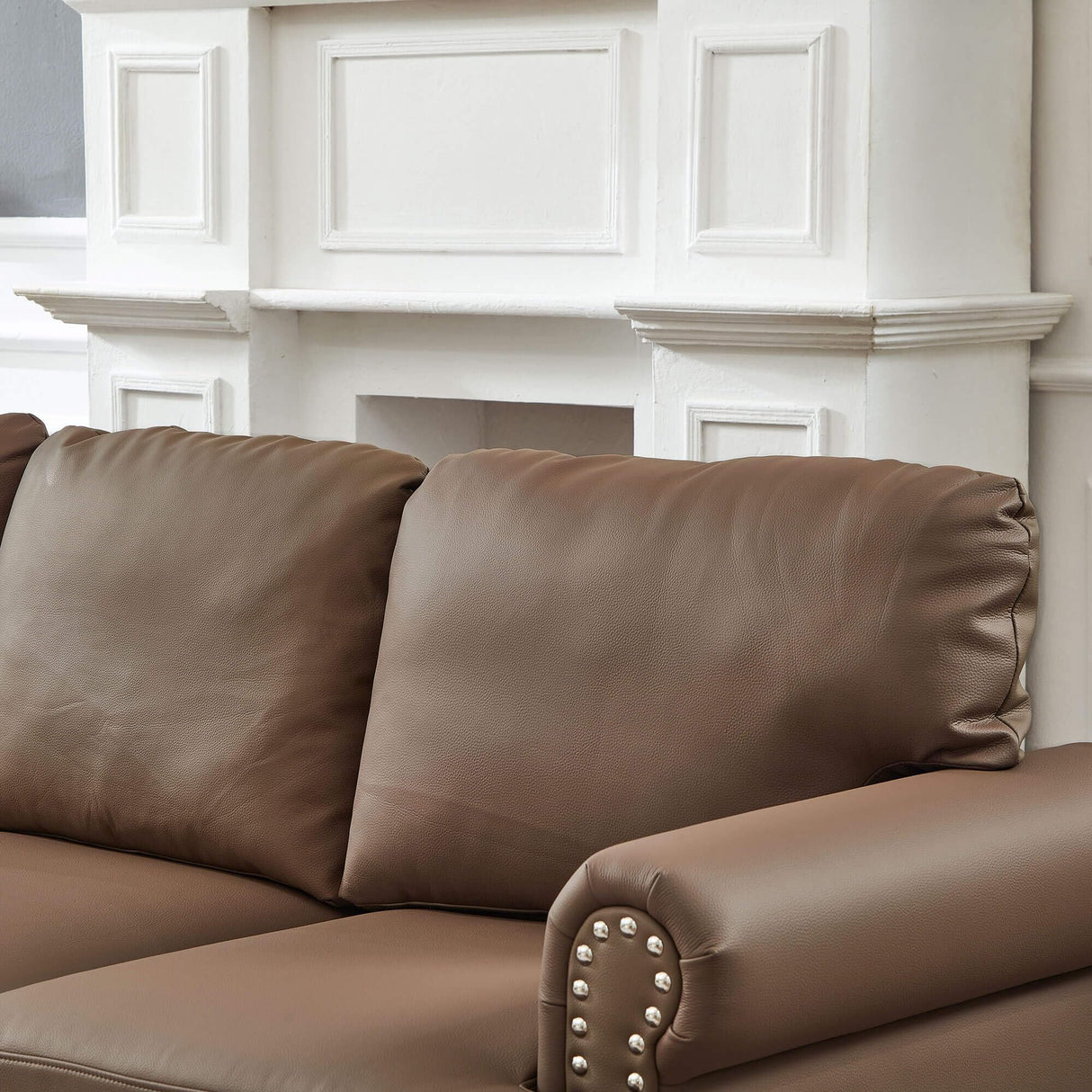 Lestar Loveseat Sofa Faux Leather, Upholstered Comfy 2 Seater Love Seat Sofas Couch Classic Style Round Armrests Nailhead Trim Removable Cushion Cover w/Storage Space (Brown, Loveseat) Lestar