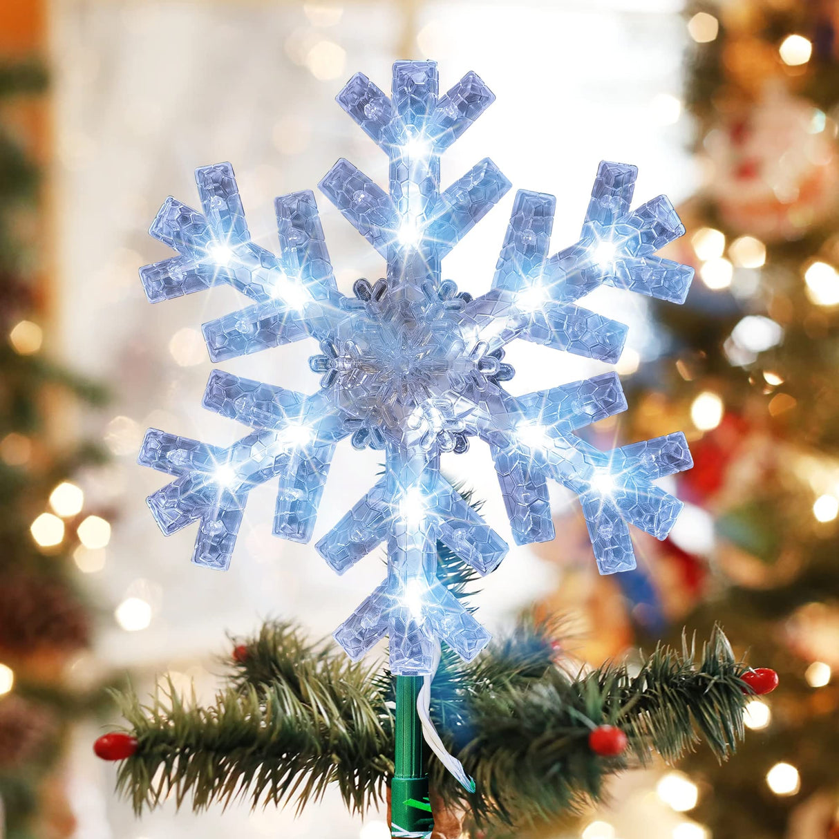 Dazzle Bright Snowflake Christmas Tree Topper, 9 inch Christmas Tree Topper Ornament with 15 White LED Lights, Lighted Tree Topper Christmas Decorations for Xmas Indoor Holiday Decor Dazzle Bright