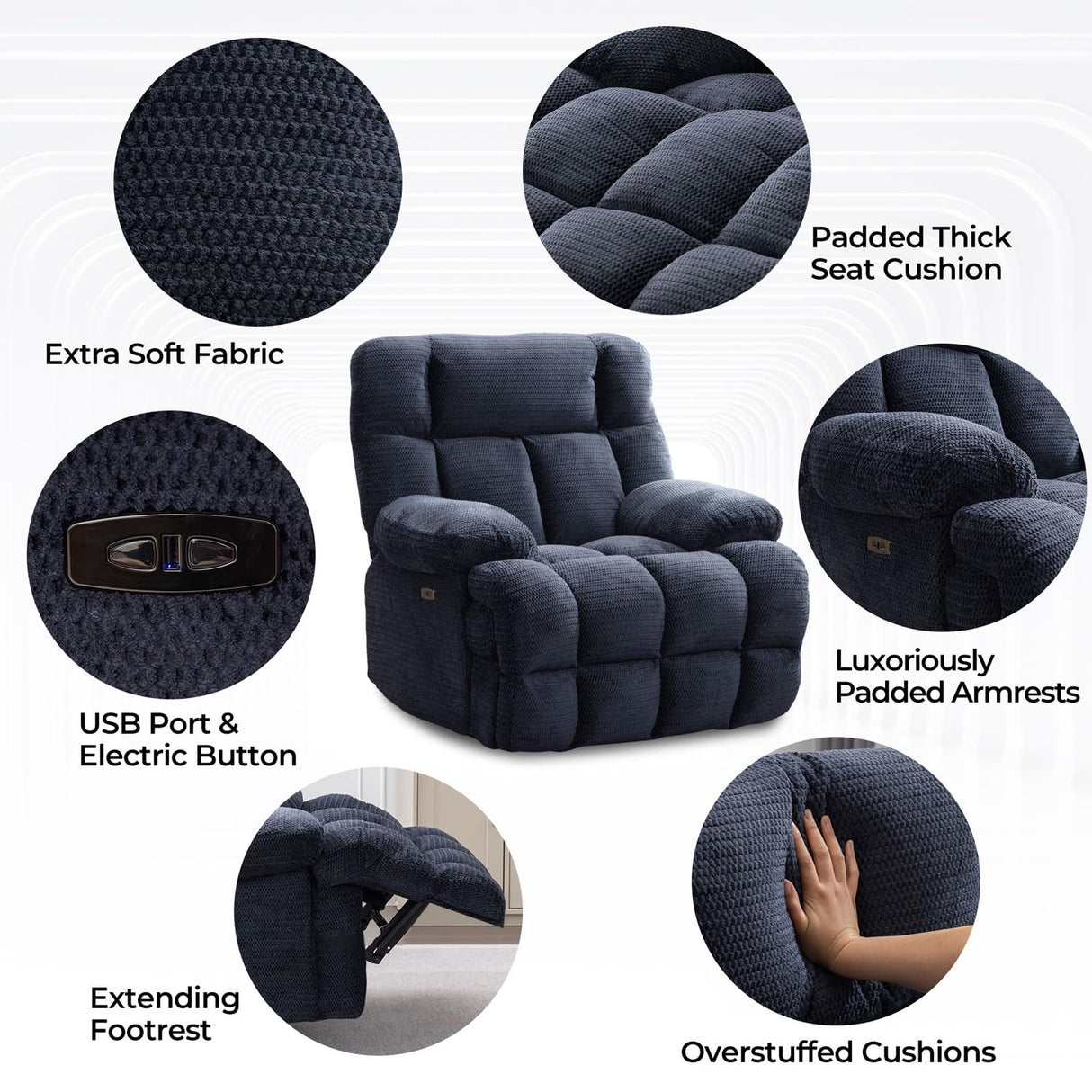 Oversized Power Zero Gravity Recliner Chairs for Adults, Electric Reclining 0 Gravity Chair for Big Man,Soft Fabric Overstuffed Single Recliners with USB Charger Port for Living Room, Blue Comfort Stretch