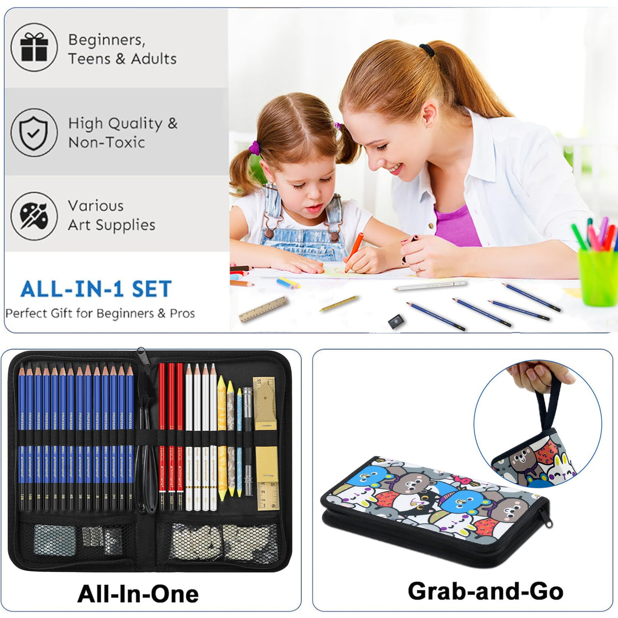 Daerthotk 53 PCS Drawing Kit Sketching Pencil Set, Sketch Pencils Art Supplies with Graphite, Charcoal, Blending Tools, Drawing Pencils for Artists Adults Beginner Family Friends Daerthotk