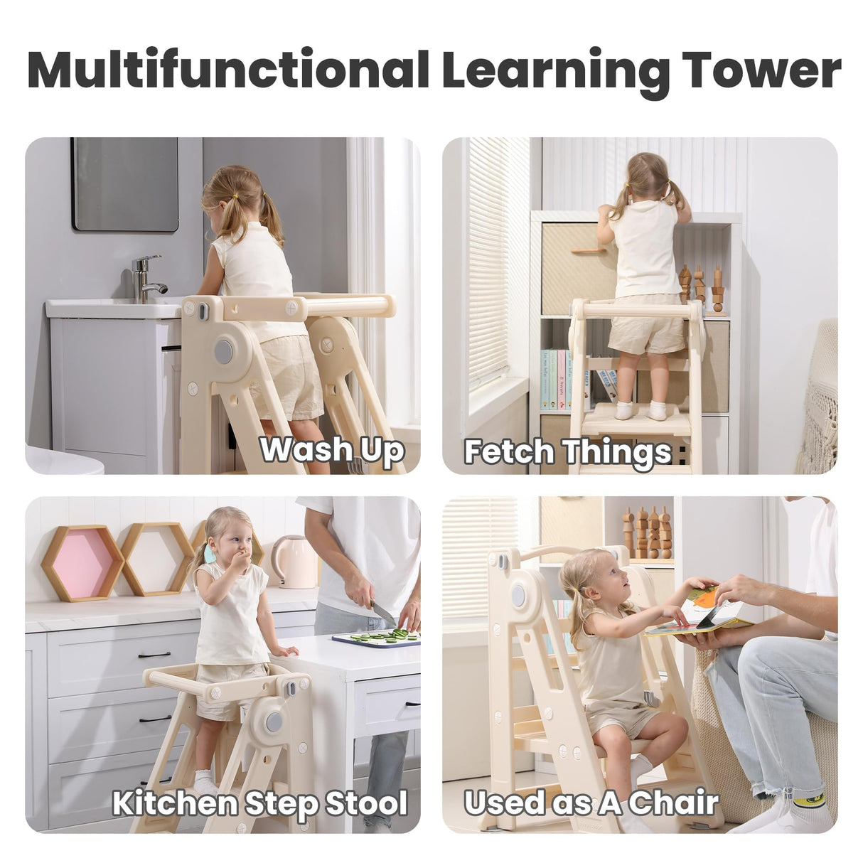 Foldable Toddler Tower Kitchen Step Stool for Sink Kids Adjustable Height Learning Tower for Children Montessori Learning Helper with Handles for Bathroom hoopyosms