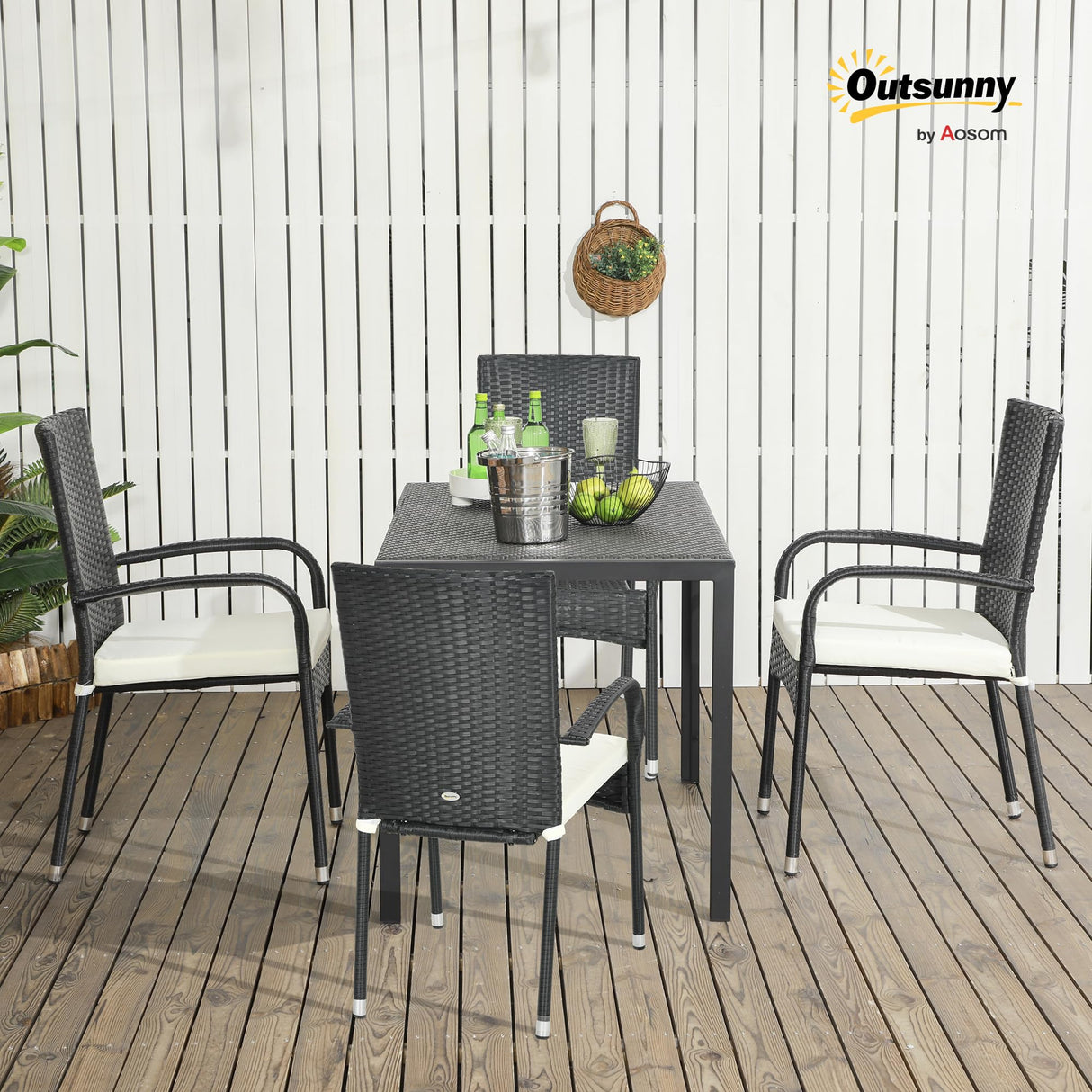 Outsunny Stackable PE Rattan Outdoor Dining Chairs with Cushions, Set of 4 Patio Wicker Dining Chairs with Armrests and Backrest for Patio, Deck, Cream White Outsunny