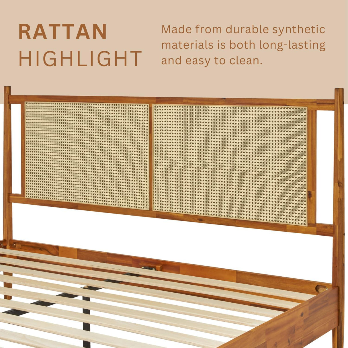 Bme Oliver Headboard Queen Size Bed Frame - 15-Inch Signature Design with Rattan Headboard, Bohemian and Mid Century Style, 12-Slat Wood Support, No Box Spring Needed - Easy Assembly, Caramel Bme