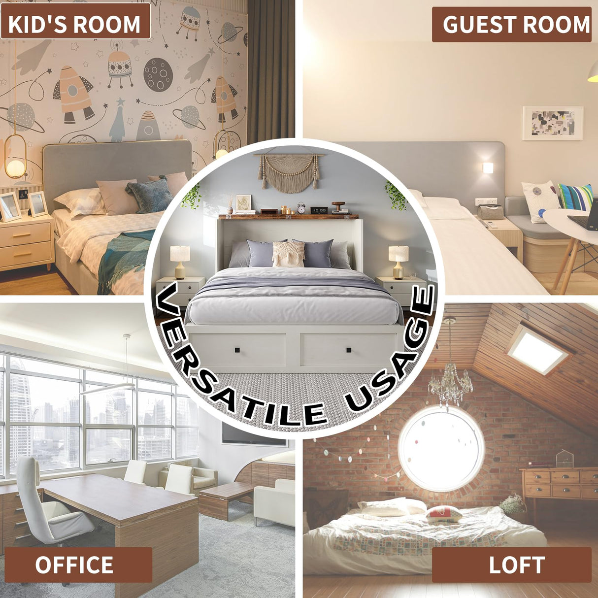 LUXOAK Queen Size Murphy Bed with Charging Station, Cabinet Bed with Large Storage Drawer for Home Office or Small Room, Hideaway Full Foldable Platform Bed, Barnwood+White LUXOAK