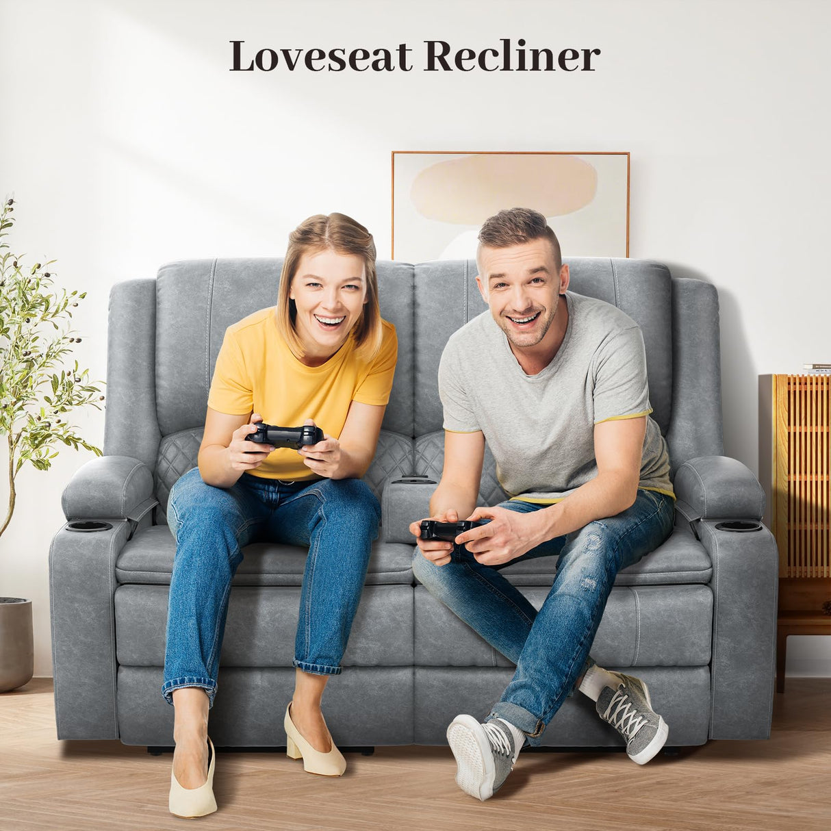 Yolsali Loveseat Recliner Sofa, Manual Reclining Loveseat with Removable Armrest, PU Leather Double Recliner for RV with 2-Tier Cushions, USB Charging Ports, Cup Holders - Gray, PU Yolsali