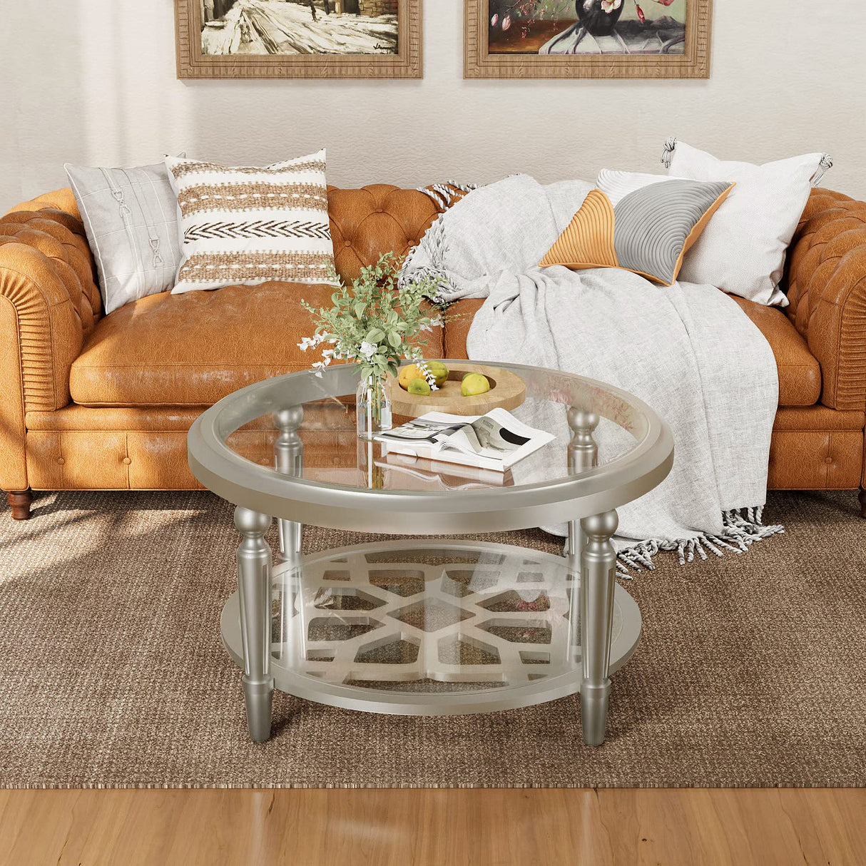 COSIEST Glass Coffee Table, 32" Round Coffee Tables with Storage, 2-Tier Glass Top, Clear Coffee Table, Simple & Modern Center Table for Living Room or Home Office (Champagne) COSIEST