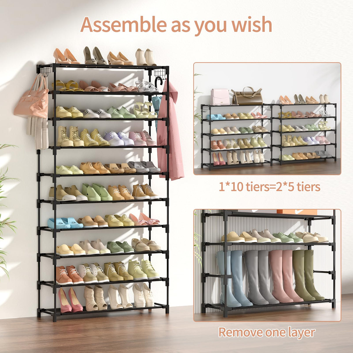 LANTEFUL 10 Tiers Shoe Rack 50 Pairs Large Capacity Tall Shoe Organizer Sturdy Shoe Storage with Two Hooks Space Saving Metal Wide Shoe Rack for Closet, Entryway, Bedroom, Black LANTEFUL