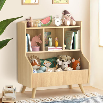 Curipeer Kids 3-Tier Wooden Bookshelf and Toy Storage Organizer in Natural Wood