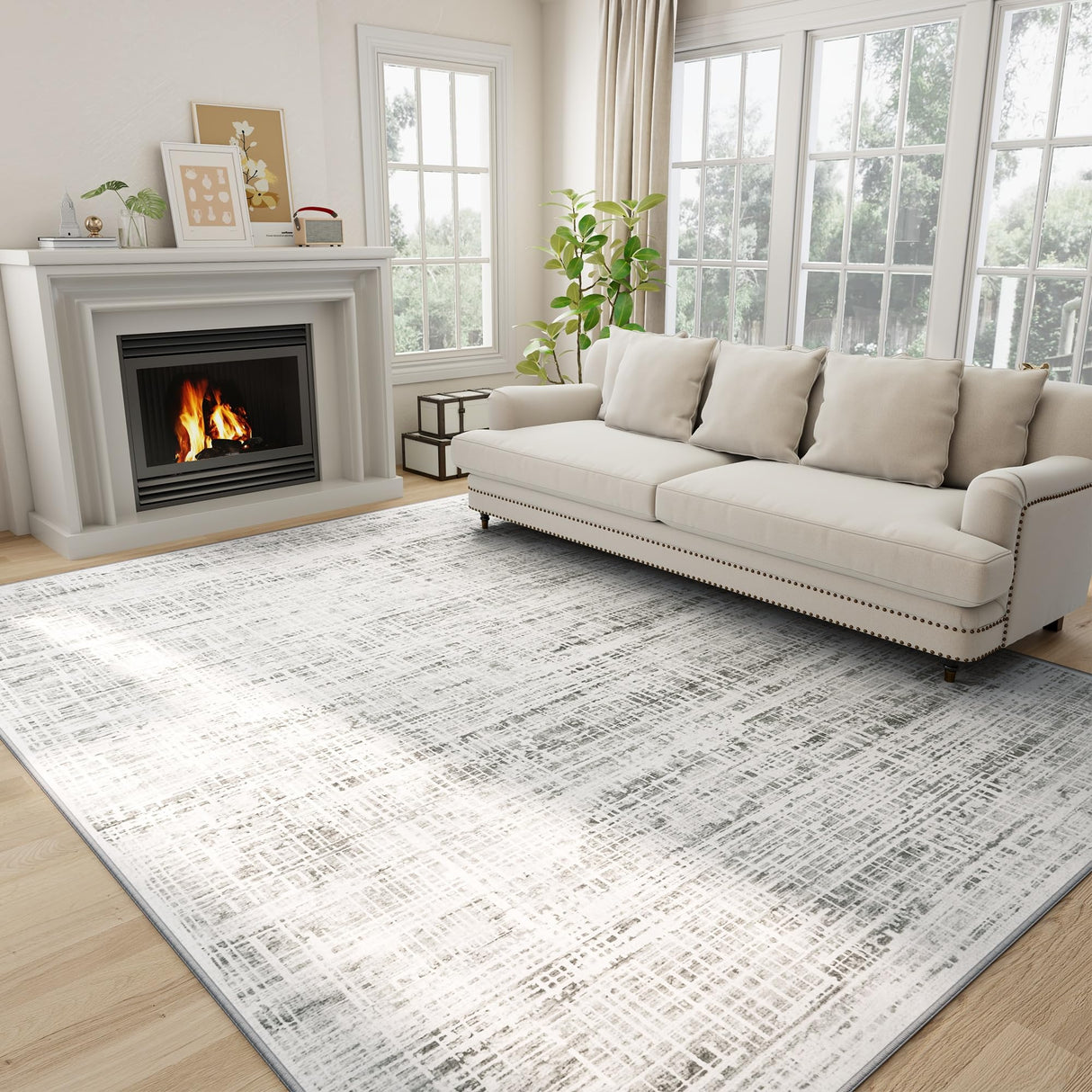 8x10 Area Rugs Washable Rug: Anti-Skid Abstract Modern Living Room Rug Soft Thin Carpets Indoor Floor Non-Shedding Carpet for Bedroom Dining Farmhouse Nursery Home Office (White Gray, 8'x10') Crority