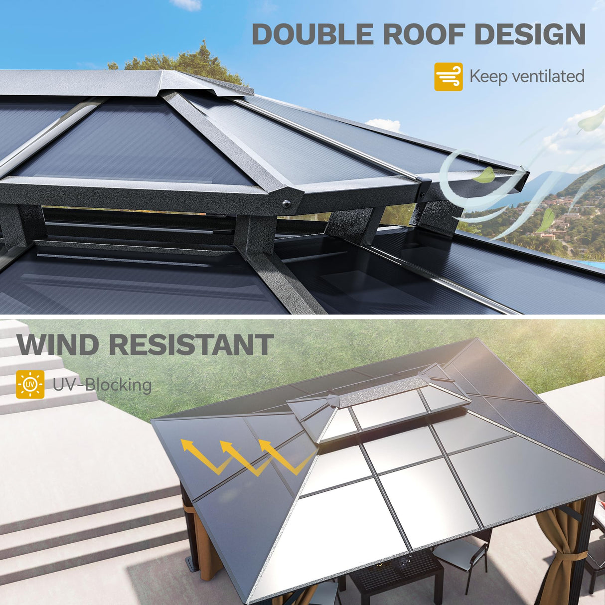 DWVO 10x12ft Hardtop Gazebo Double Roof Polycarbonate Canopy Outdoor with Netting and Shaded Curtains, Aluminum Frame Garden Tent for Patio, Backyard, Deck and Lawns, Brown DWVO