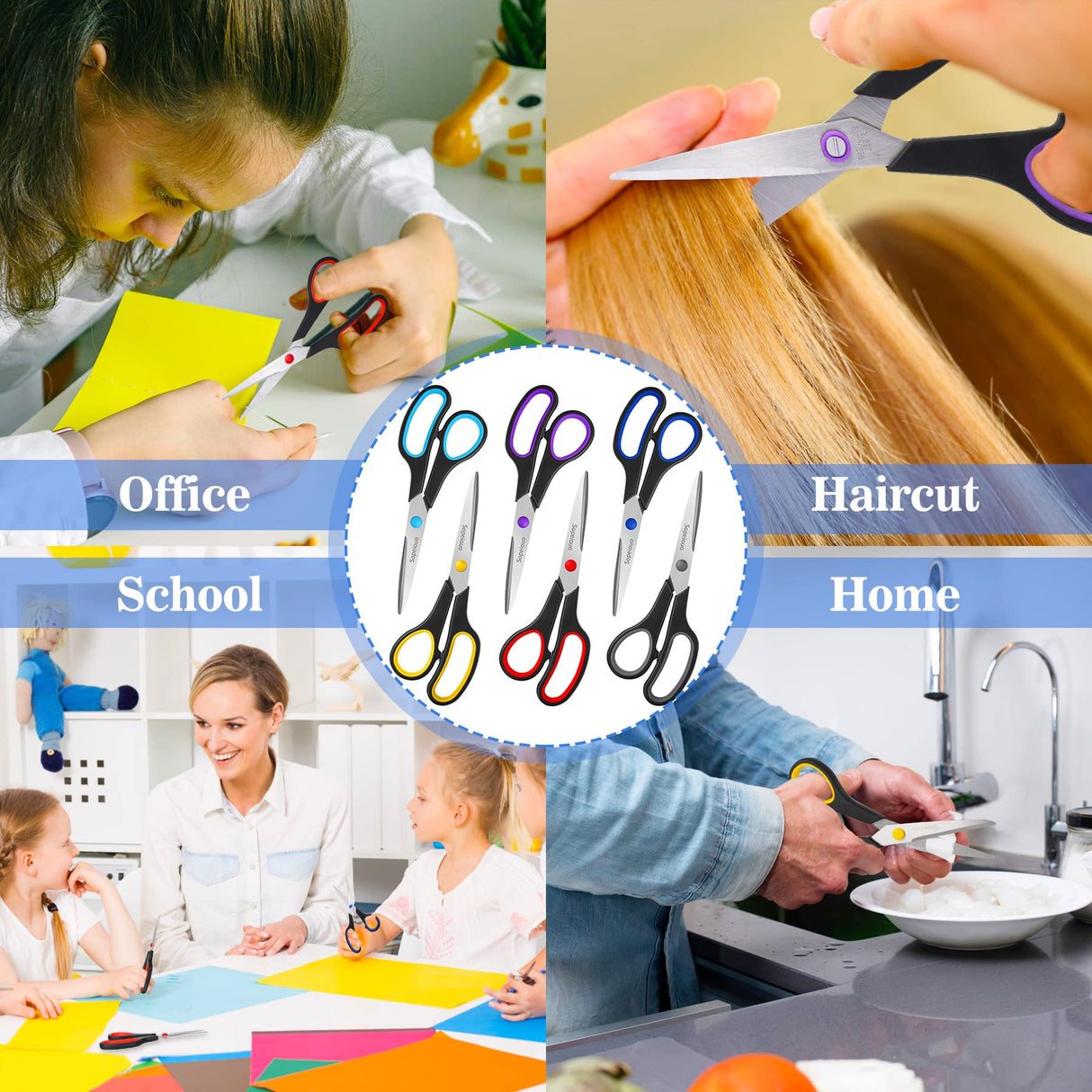 Scissors Set of 6-Pack, 8" Scissors All Purpose Comfort-Grip Handles Sharp Scissors for Office Home School Craft Sewing Fabric Supplies, High/Middle School Student Teacher Scissor, Right/Left Hand Sopeiouo