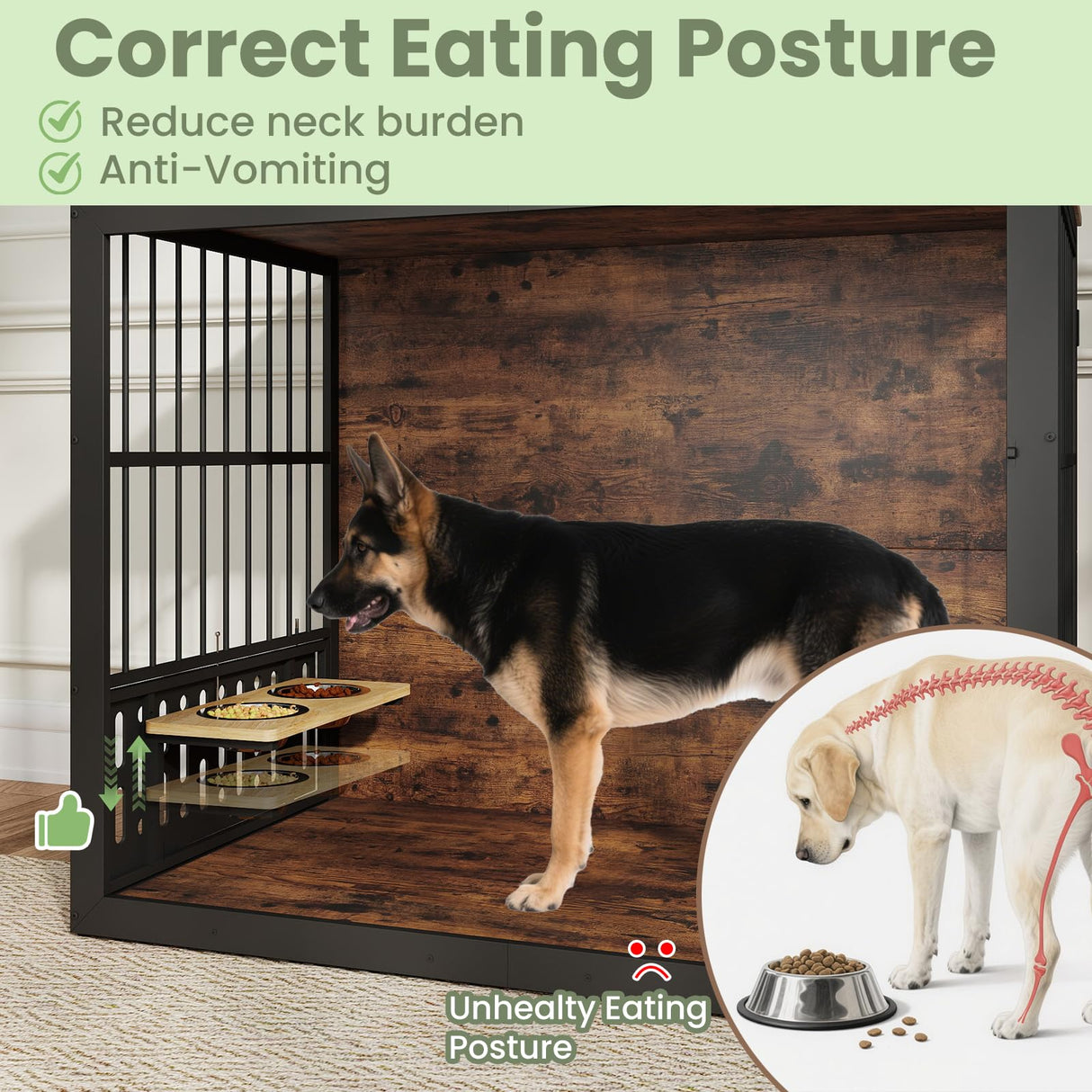 Yafylly 48 Inch XXL Dog Crate Furniture, Wooden Chewproof Dog Kennel with Interactive Window, 360° Adjustable Bowls (5 Heights), Storage Table Top, Heavy Duty XL Dog Crate for Medium Large Dogs, Brown Yafylly