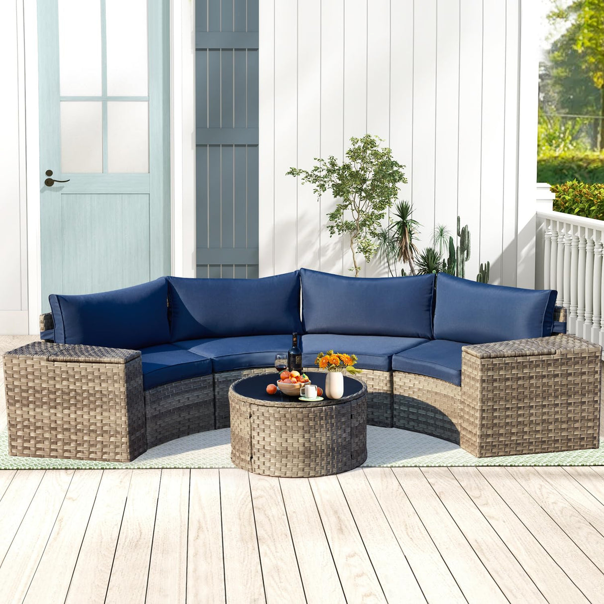 ECOTOUGE Half Moon Patio Furniture Set, 7-Piece All-Weather Wicker Curved Sofa Set, Half Moon Outdoor Couch with High Backs, Fit for Pool Backyard Balcony Garden(Blue) ECOTOUGE