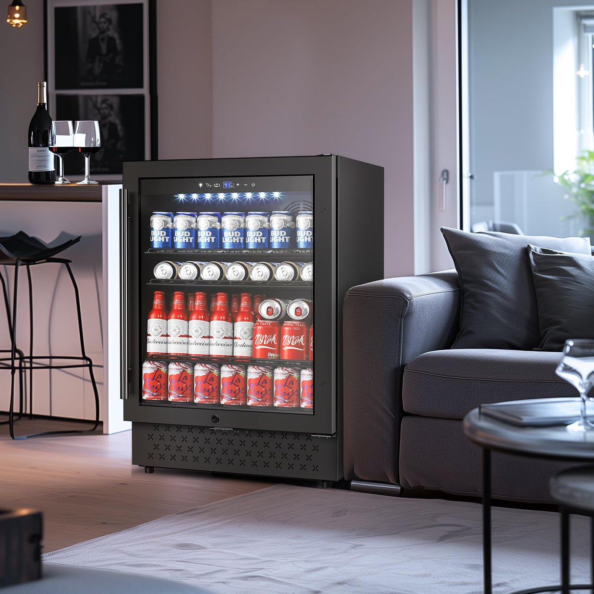 Tylza Beverage Refrigerator 24 Inch, Under Counter/Freestanding Drink Fridge, 190 Cans Beverage Cooler with Glass Door, Reversible Door, Low Noise, Quick Cooling - for Beer, Soda, ETC, Black Tylza