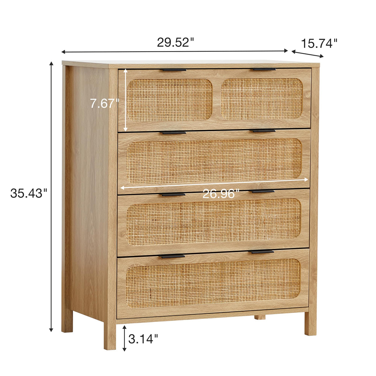QEIUZON 4 Drawer Dresser, Modern Rattan Dresser Chest with Wide Drawers and Metal Handles, Farmhouse Wood Storage Chest of Drawers for Bedroom, Living Room, Hallway, Entryway (Natural-2 Packs) QEIUZON