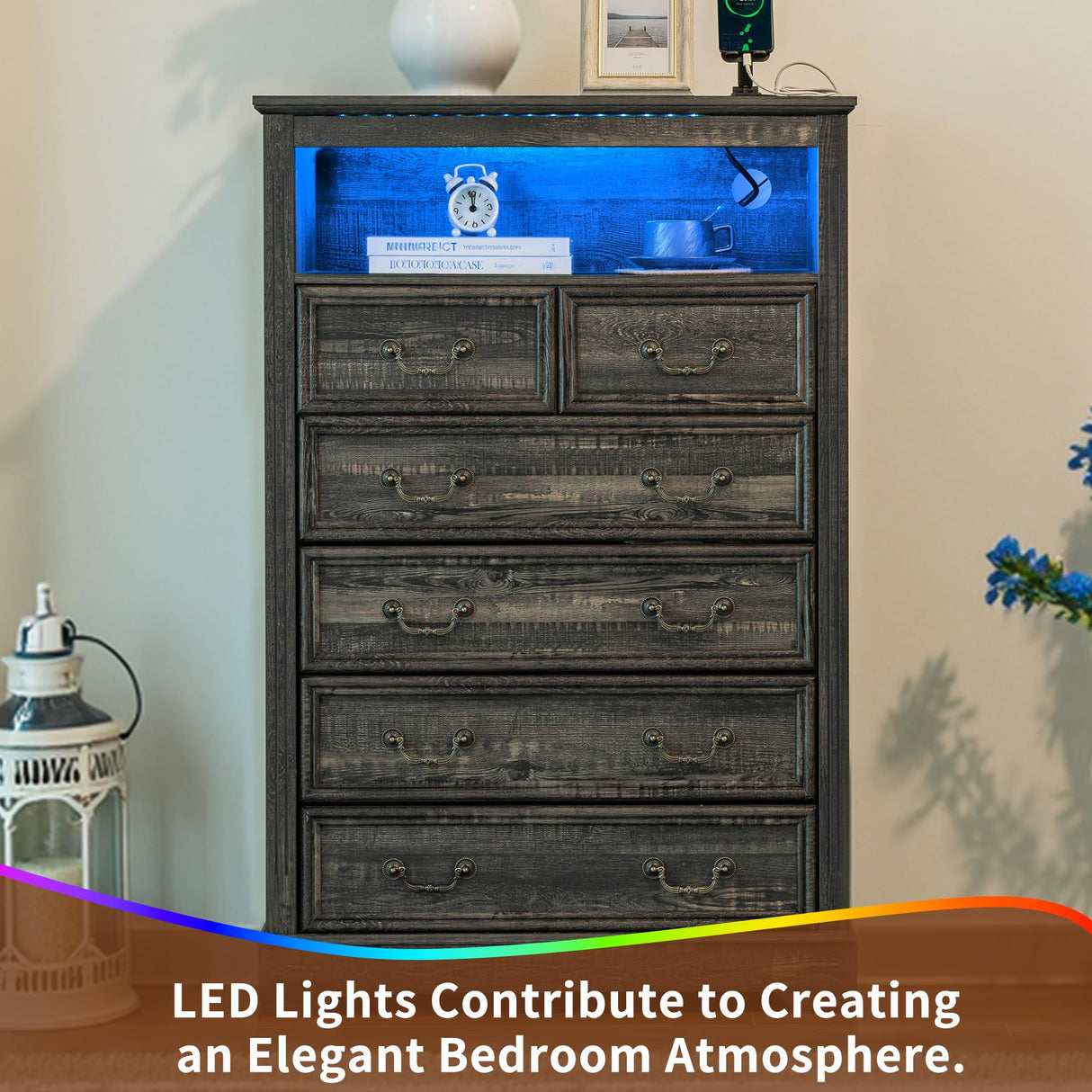 Homkdom Dresser for Bedroom with Charging Station & LED Light, 48'' H Tall Dresser & Chests of Drawers,Rustic Oak Homkdom