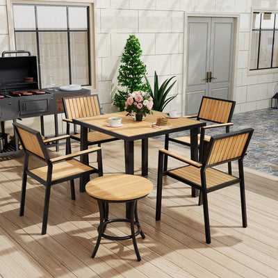 Pamapic 6-Piece Patio Dining Set,Outdoor Aluminum Furniture Set with Plastic-Wood Table Top,Outdoor Furniture Set with 4 Outdoor Stackable Chairs for Patio Garden Poolside (Teak)