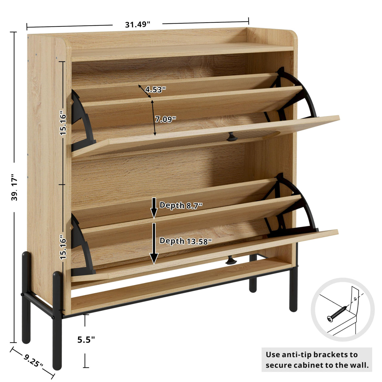 IRONCK Shoe Cabinet Storage with 2 Flip Drawers, Free Standing Wooden Shoe Storage Organizer Cabinet with Rattan Doors for Entryway, Narrow Shoe Rack Cabinet, Oak IRONCK