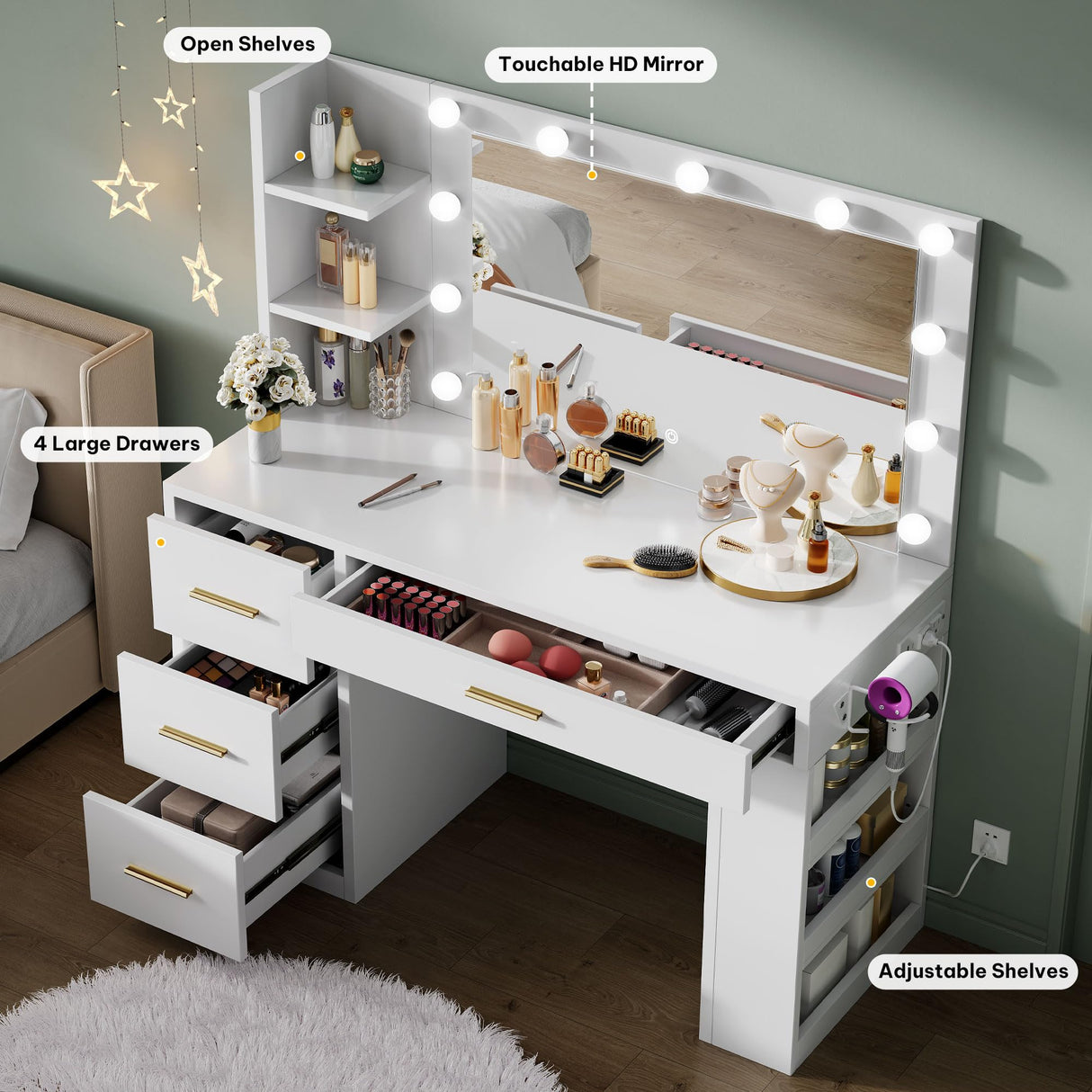 DWVO Vanity Desk with Mirror, Large Makeup Table with Power Outlets, 11 LED Bulbs, 3 Adjustable Light Modes, 4 Drawers and Built-in Shelves, Hollywood Dressing Vanity Desk Set for Bedroom, White DWVO