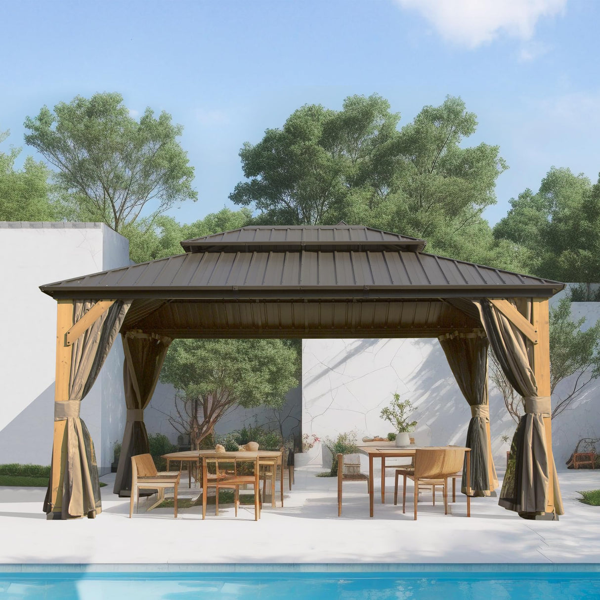 Domi 10'x14' Cedar Wood Gazebo with Double Roof Steel Hardtop,Solid Wood Frame Gazebo,Curtains and Netting Included for Garden, Backyard domi outdoor living