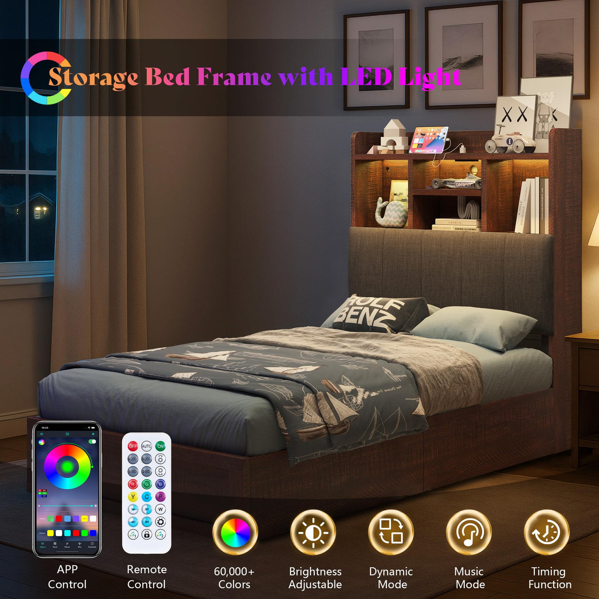 LUXOAK Twin Farmhouse Bed Frame with Bookcase Headboard and 4 Drawers, LED Storage Bed with Charging Station & Linen Upholstered, No Box Spring Needed, Reclaimed Barnwood LUXOAK