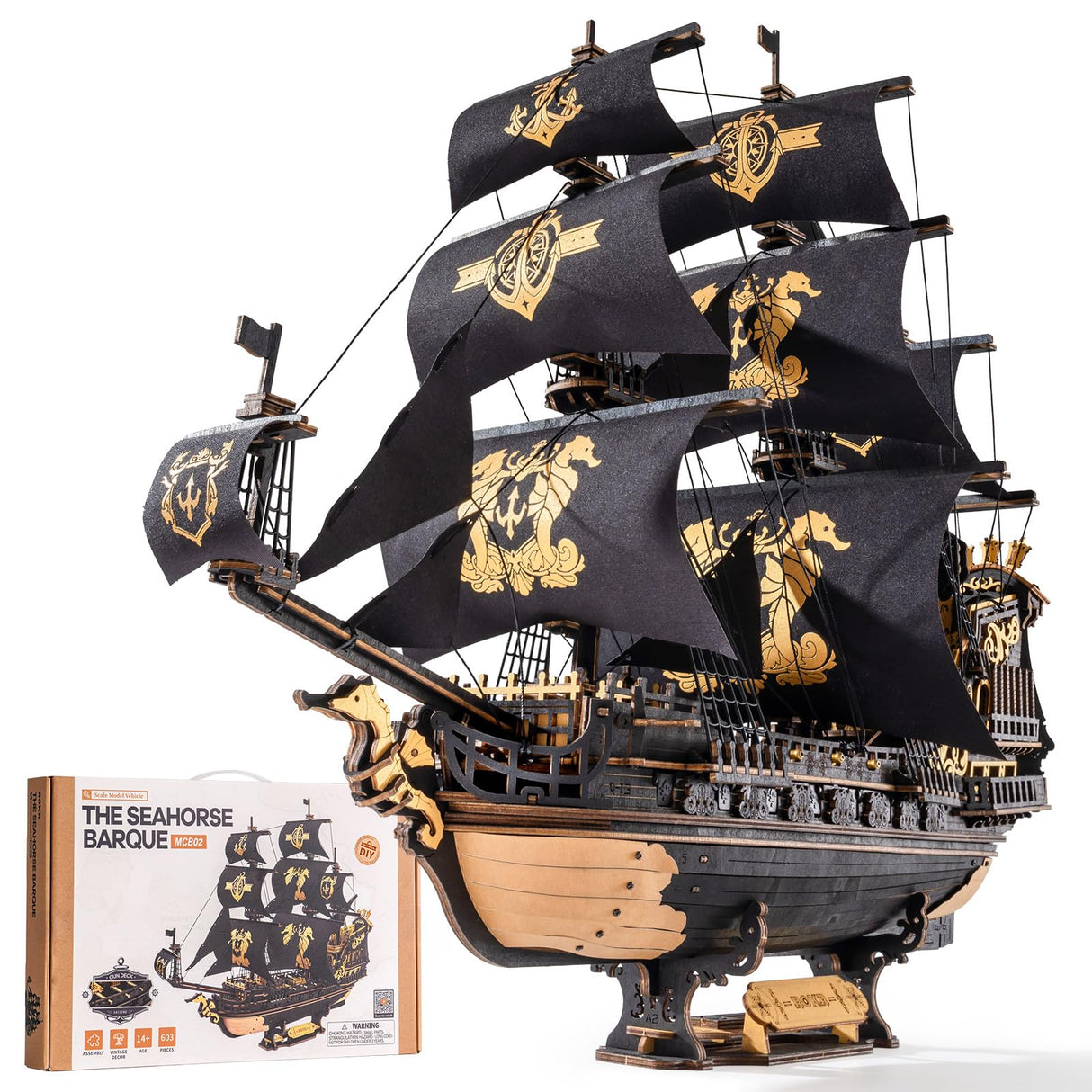 ROKR 3D Wooden Puzzles for Adults,Seahorse Barque Model kit, 603 Piece 3D Puzzles for Adults&Teens,Ideal Gift for Boys and Men ROKR