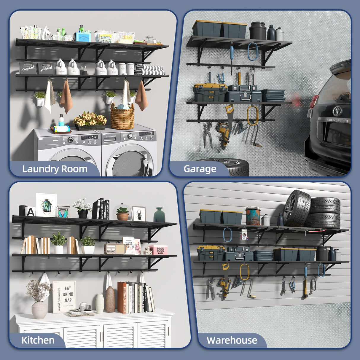 ZHNSYDN 2-Pack 2x4ft Garage Shelving Wall Mounted, Heavy Duty Garage Storage Shelves with 12 Hooks, 2' x 4' Wall Mount Shelves with 500LBS Capacaity ZHNSYDN