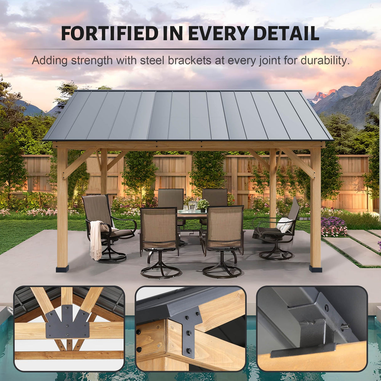 Yardsight Wood Gazebo 11' x 13', Hardtop Wooden Cedar Gazebo with Galvanized Steel Roof, Permanent Outdoor Pavilion for Garden, Patio, Deck, Backyard, Lawn. Yardsight