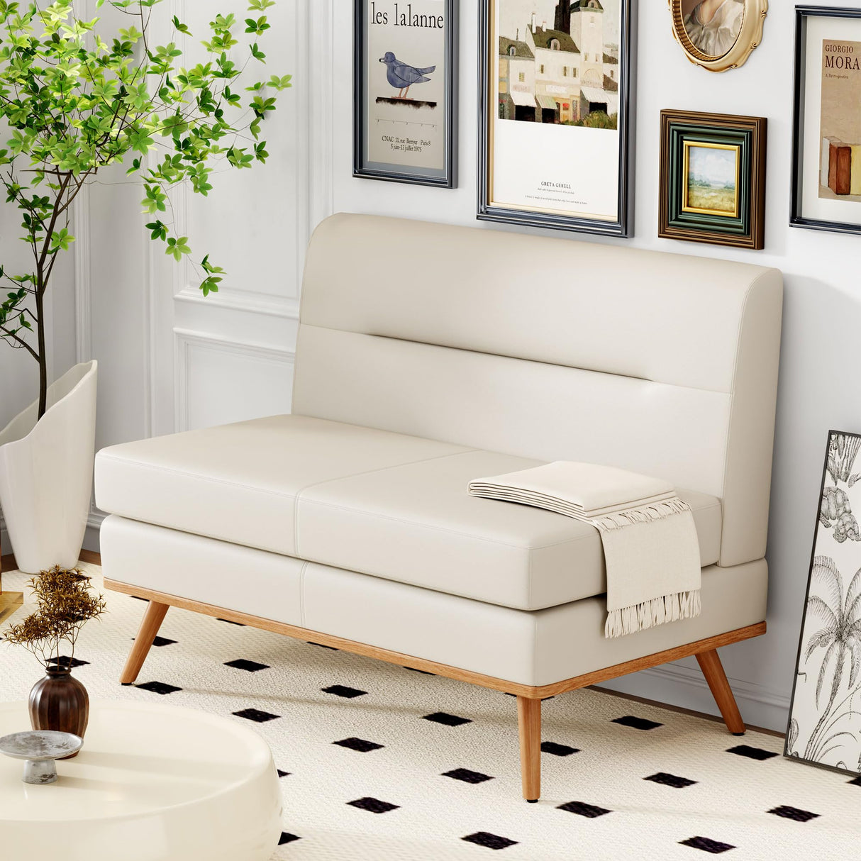 Aklaus Upholstered Small Loveseat,Faux Leather Modern Mini Sofa Couch Love Seat Armless Settee Bench with Back for Living Room Bedroom Office Small Space Entryway Beige Aklaus