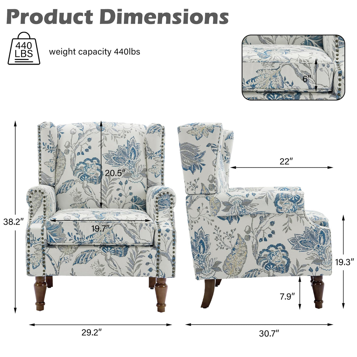 UIXE High Back Floral Accent Chairs Set of 2, Upholstered Armchair in Fabric, Retro Printed Wingback Arm Chair for Living Room, Nailhead Trim Single Sofa Bedroom Reading Seat - Plants Blue UIXE