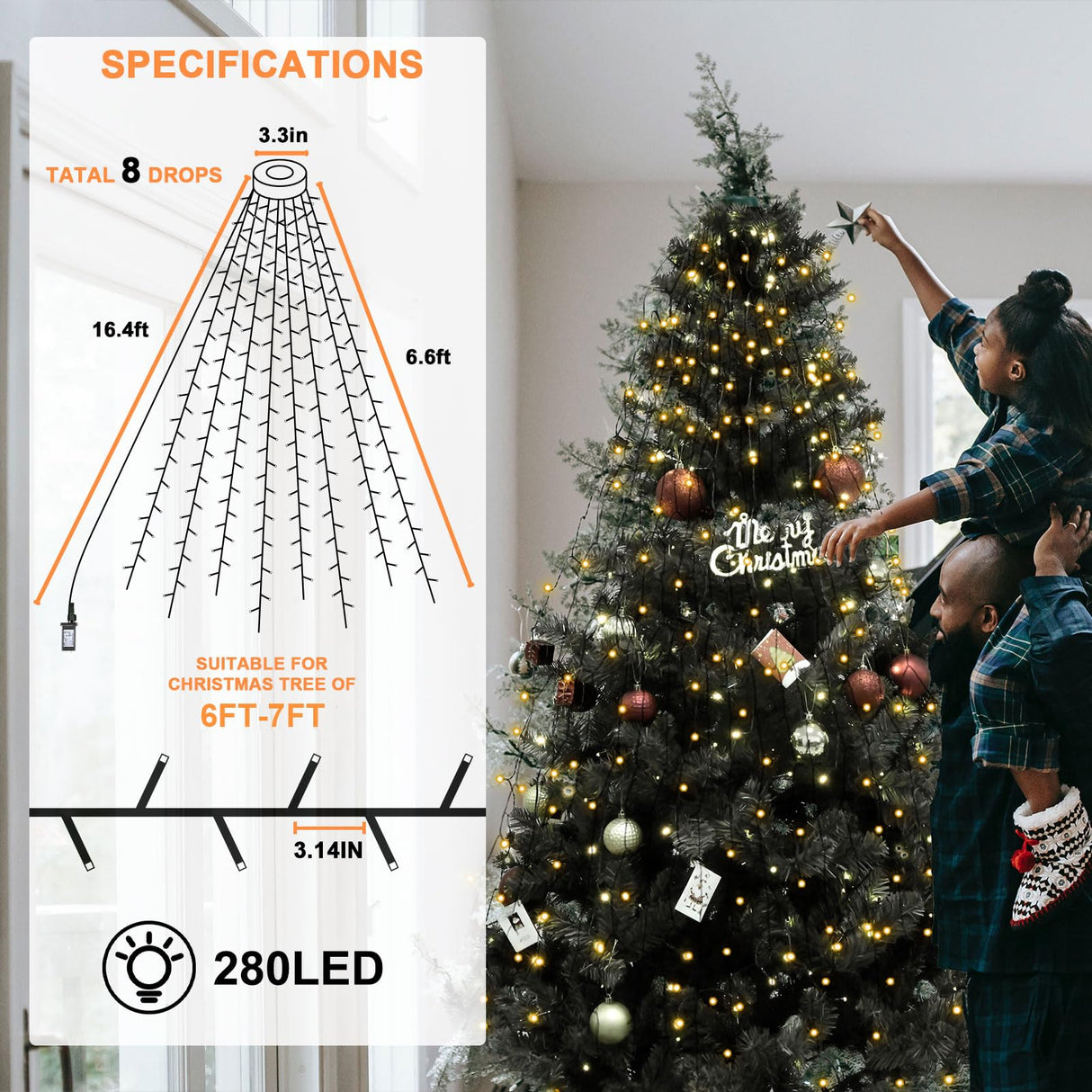 BOLWEO Christmas Tree Lights, 280LED Christmas Lights for Tree 8 Modesfor 6ft-7ft Christmas Tree, UL Certified Indoor Outdoor Christmas Decorations 8 * 6.6ft Drops Warm White BOLWEO