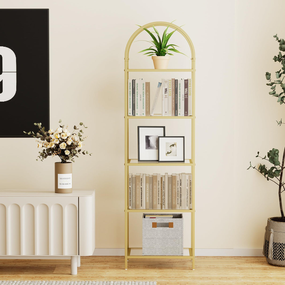 Homhedy Bookshelf Arched Display Racks,Metal Bookcase,Tempered Glass Shelves,Storage Rack Shelf for Home Office,Living Room,Bedroom, Bathroom,Modern Style (Golden, 11.8" D x 13.8" W x 57.1" H) Homhedy