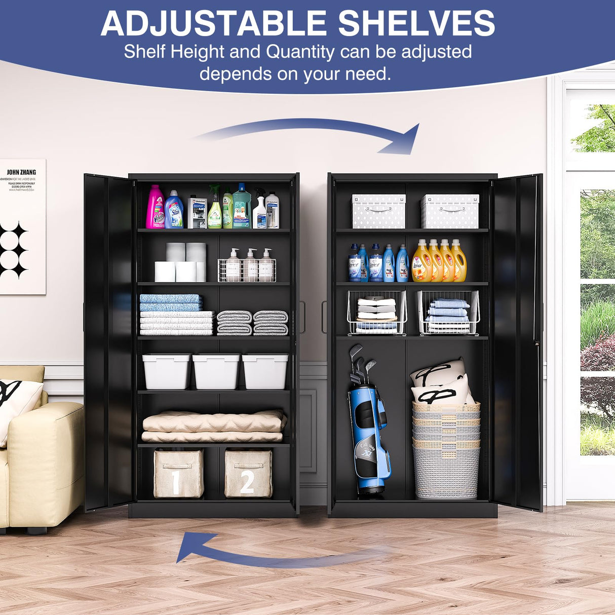 LISSIMO Metal Storage Cabinet with Lock,72" Tall Storage Cabinet with Doors and Adjustable Shelves,Steel Locking Cabinets for Garage,Home Office,Pantry,School,Hospital(Black) LISSIMO