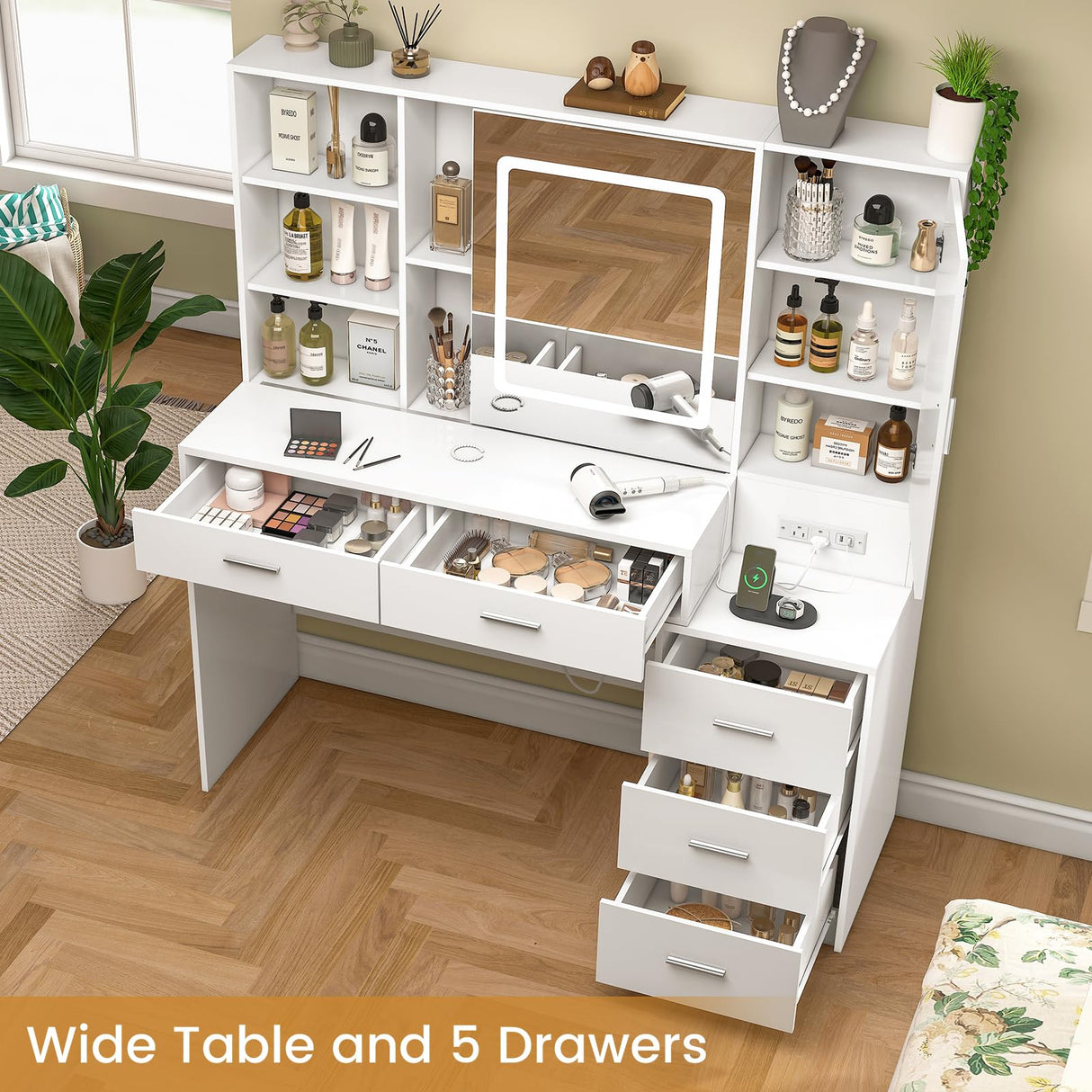 Quimoo 47" Vanity Desk with Sliding Lighted Mirror and Power Outlet, Makeup Vanity Desk with 5 Drawers and Cabinet, Hidden and Open Shelves, Vanity Table Set with 3 Color Lighting (White) Quimoo