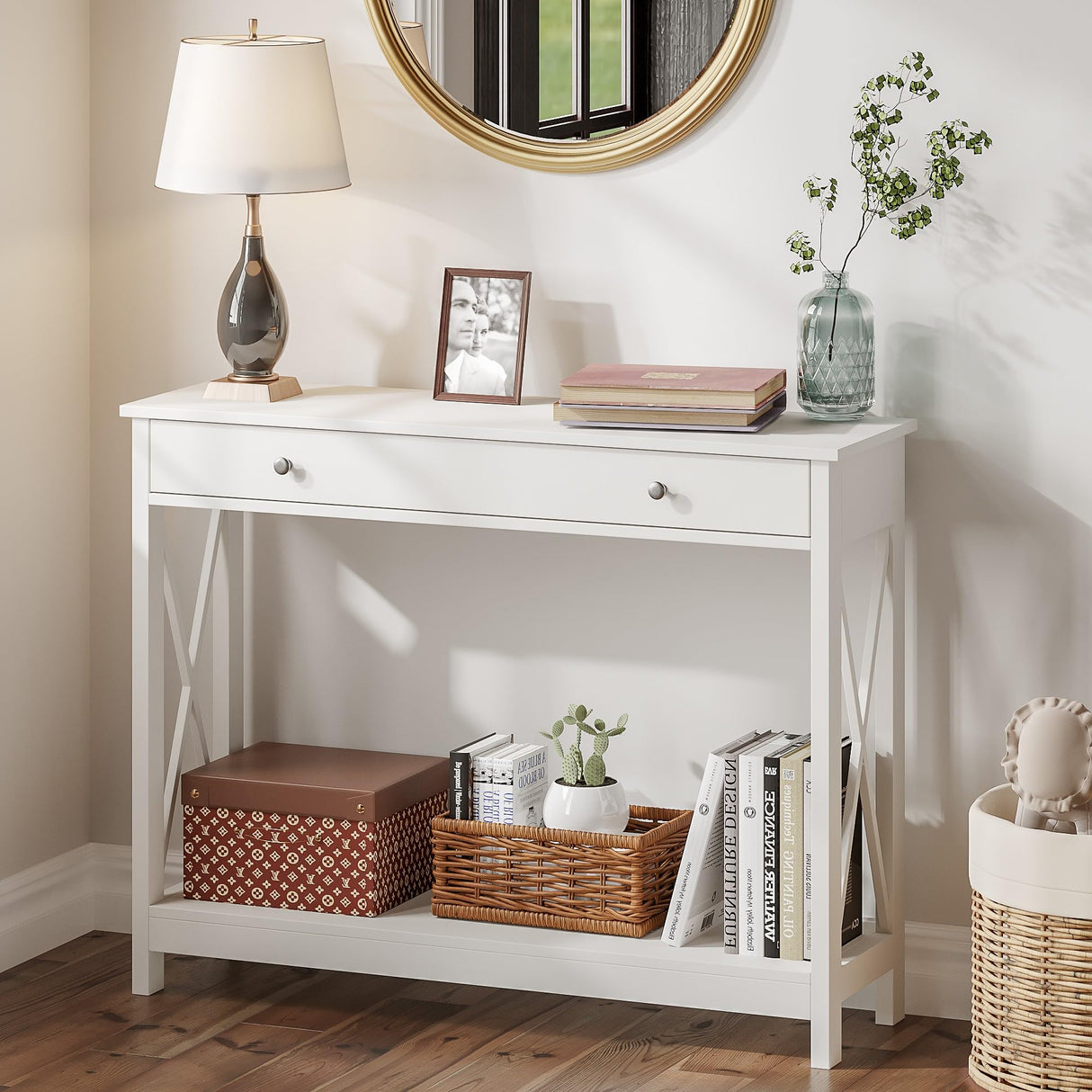Treocho White Console Table with Drawer and Storage Shelves, Foyer Sofa Table Narrow for Entryway, Living Room, Hallway Treocho